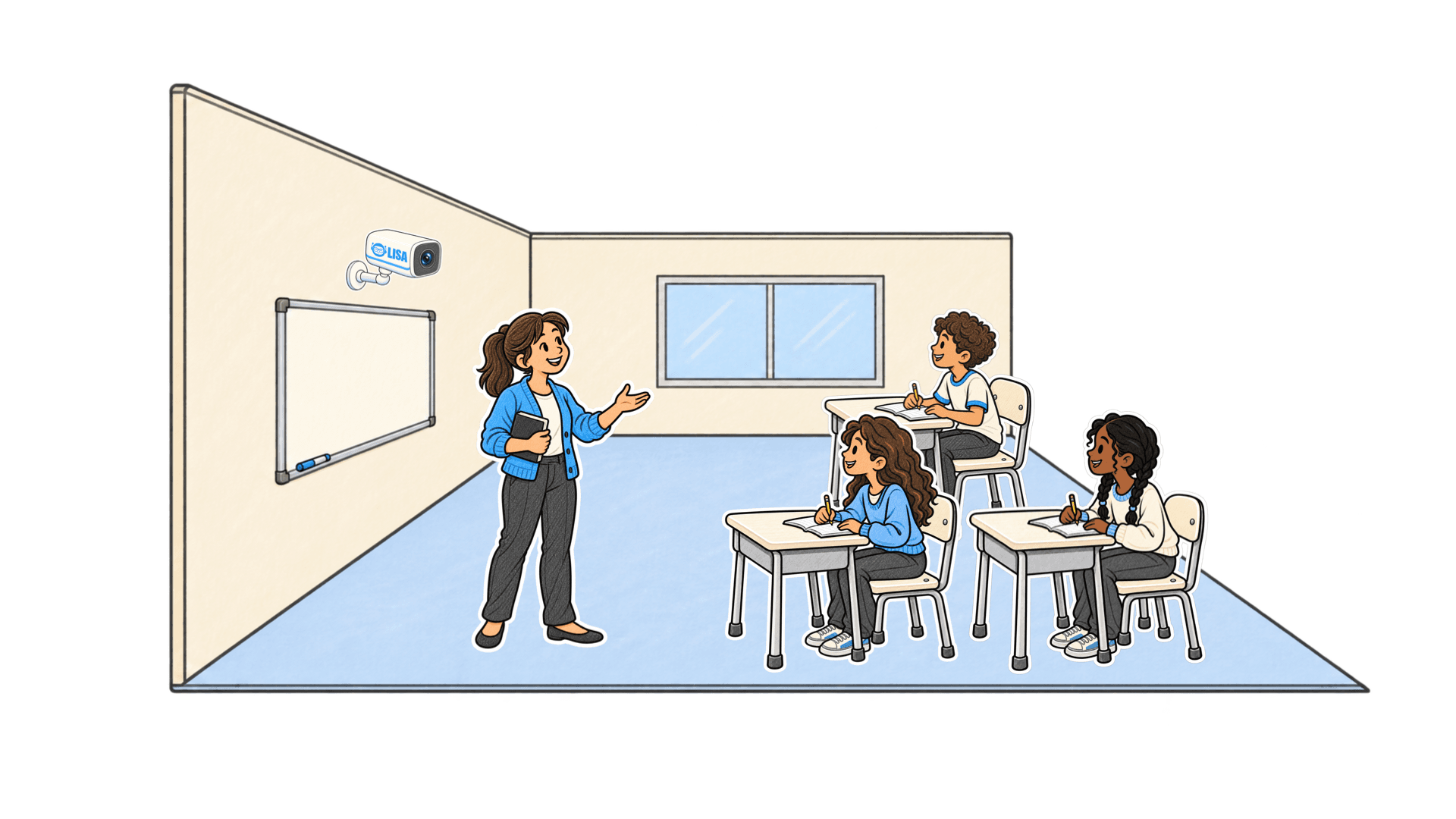 Una profesora da clase y tres alumnos miran hacia ella. Sobre los alumnos aparecen emociones de interés, sorpresa y concentración que suben y se desvanecen.